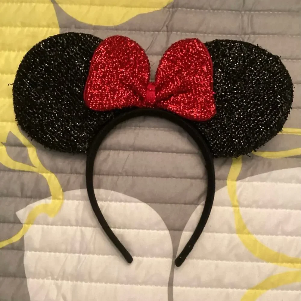 NWOT Disney Classic Black Glitter Knit Ears Red Bow Ears Lightweight Headband